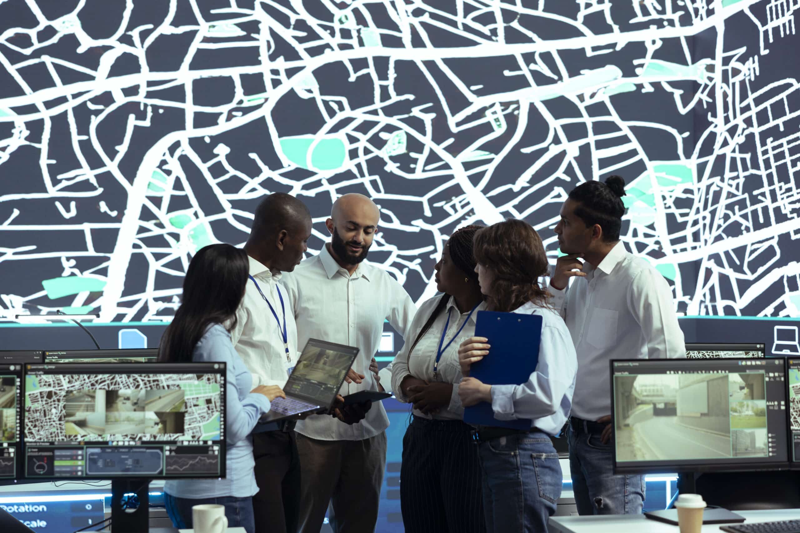 diverse group of professionals gathered in front of a large digital screen displaying a complex map